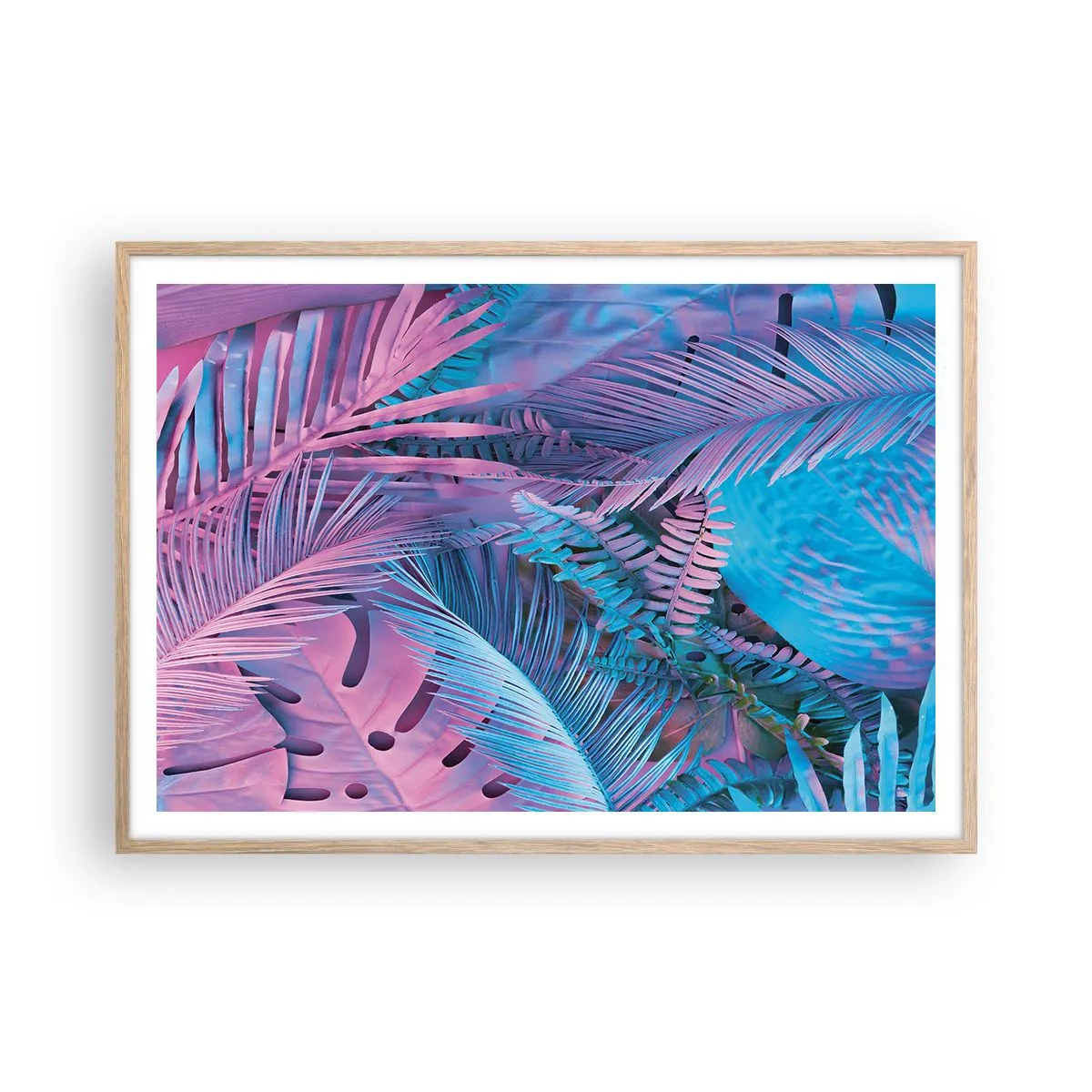 Plagát v ráme zo svetlého duba - Tropy v ružovej a modrej - 100x70 cm