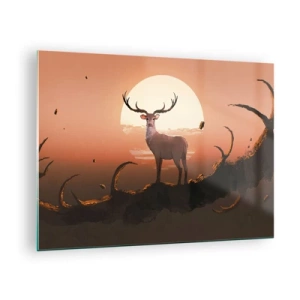 Obraz na skle - Silueta jeleňa na pozadí veľkého mesiaca obklopeného konármi - 70x50cm - Táto noc sa nepodobá iným - Moderná nástenná dekorácia do obývacej izby a spálne ARTTOR
