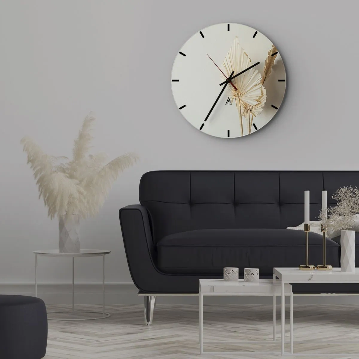 Nástenné hodiny - Sušené palmové listy na béžovom pozadí v boho štýle - 30x30cm - Keď potrebuješ útechu - Moderná nástenná dekorácia do obývacej izby, kuchyne a spálne ARTTOR