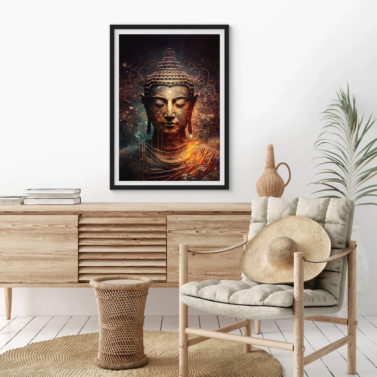 Plagát v čiernom ráme - Mystický obraz Budhu v zlatých odtieňoch - 50x70cm - Duchovná rovnováha - Moderná nástenná dekorácia do obývacej izby a spálne ARTTOR