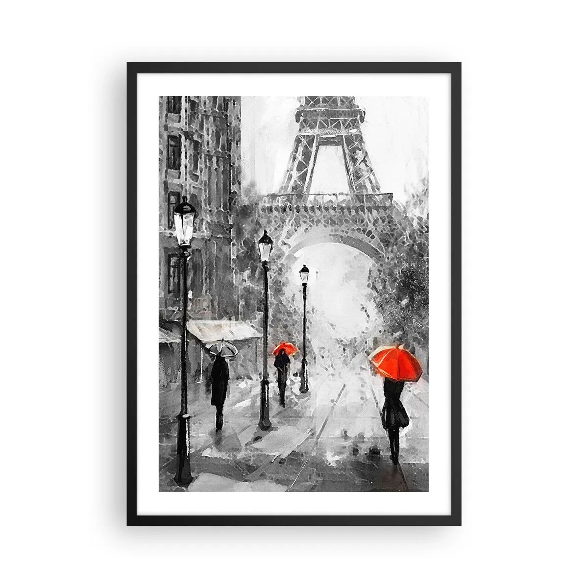 Plagát v čiernom ráme - Čiernobiela Eiffelova veža s červenými dáždnikmi v daždi - 50x70cm - Všetky cesty vedú k nej - Moderná nástenná dekorácia do obývacej izby a spálne ARTTOR