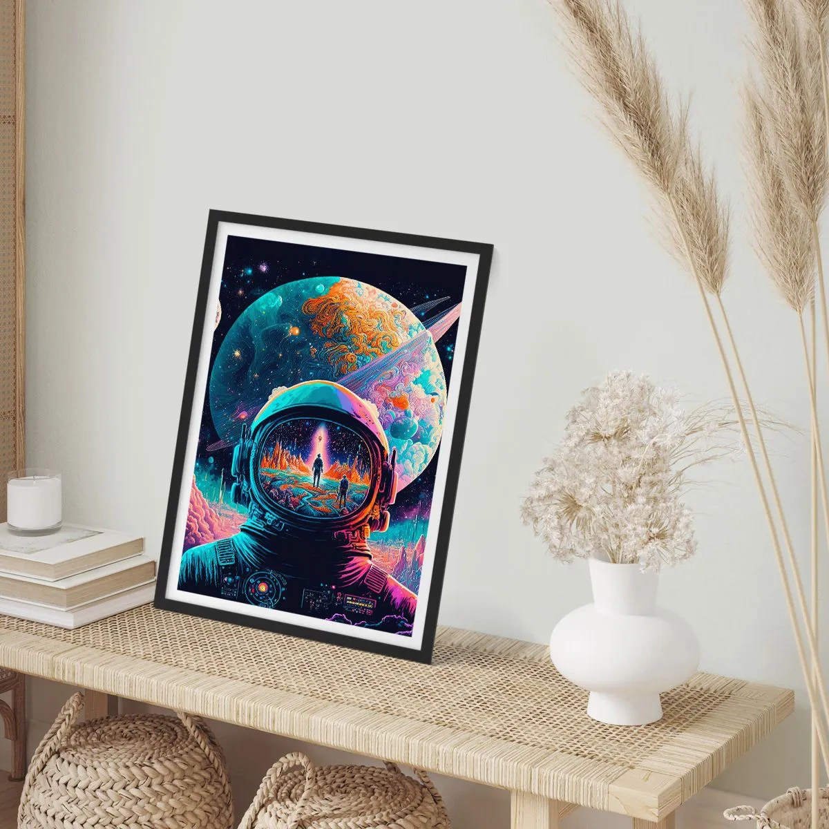 Plagát v čiernom ráme - Astronaut na pozadí kozmickej krajiny - 50x70cm - Filozofom sa to ani nesnívalo - Moderná nástenná dekorácia do obývacej izby a spálne ARTTOR