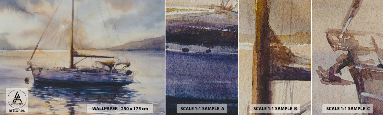 Vzorka samolepiacej fototapety Deluxe Sticker - Večer v zátoke - Plachetnica, Rybolov, Prímorské - 100x30 cm