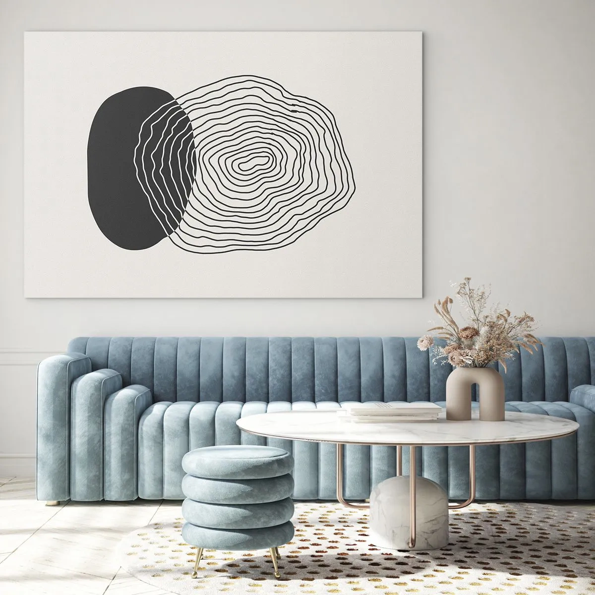 Obraz na skle - Abstraktný vzor s čiernobielymi oválmi a čiarami - 70x50cm - Trvanie a kmitanie - Moderná nástenná dekorácia do obývacej izby a spálne ARTTOR
