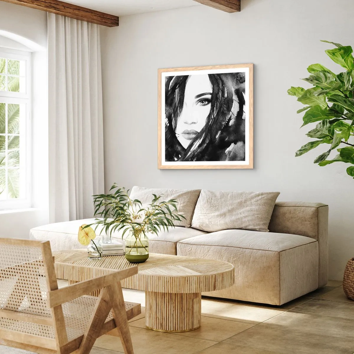Plagát v ráme zo svetlého duba - Portrét dámy v čiernej a bielej - 60x60 cm