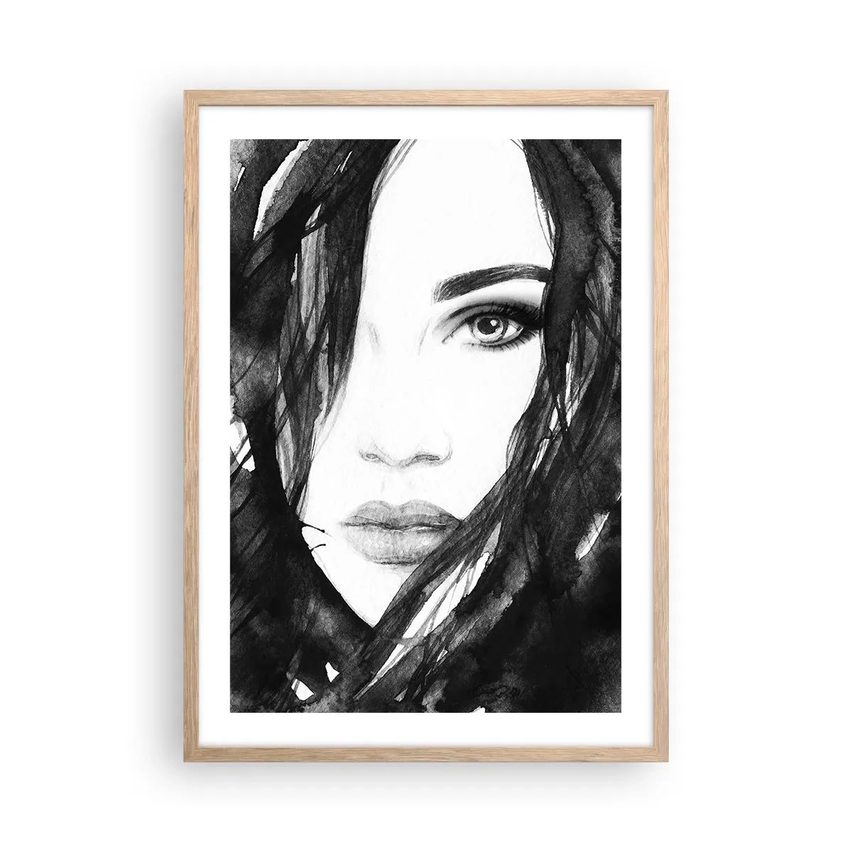 Plagát v ráme zo svetlého duba - Portrét dámy v čiernej a bielej - 50x70 cm