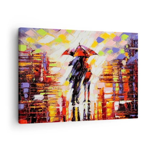 Obraz na plátne - Abstraktná scéna prechádzky pod dáždnikom v daždivú noc. - 70x50cm - Spoločne cez noc a dážď - Moderná nástenná dekorácia do obývacej izby a spálne ARTTOR