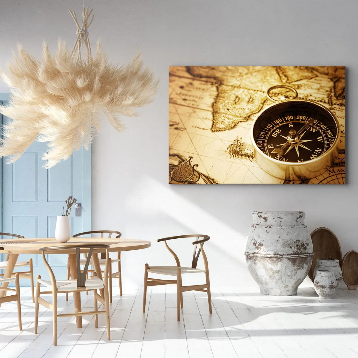 Obraz na plátne - Starožitný kompas na pozadí starej mapy sveta - 70x50cm - Na východ alebo na západ? - Moderná nástenná dekorácia do obývacej izby a spálne ARTTOR