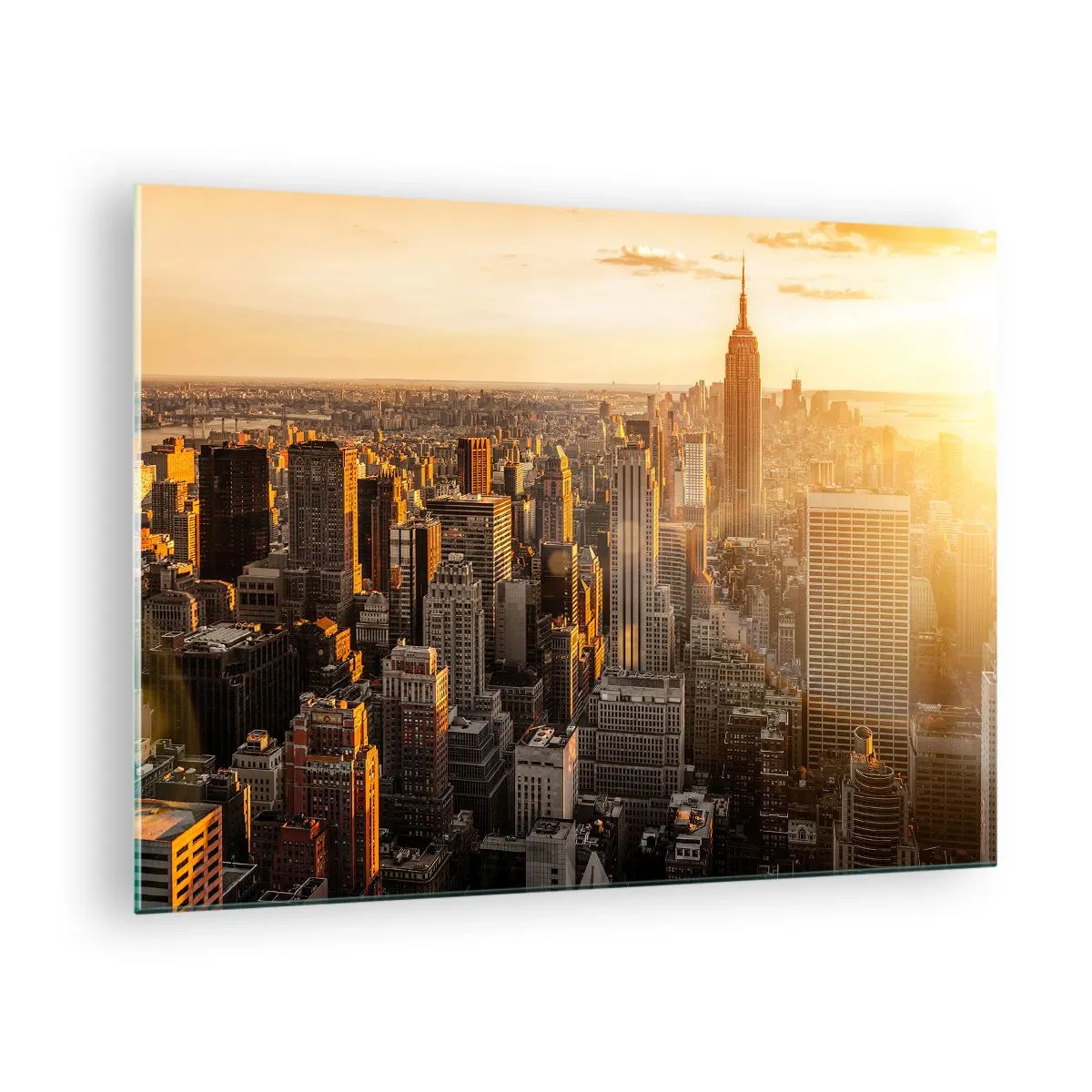 Obraz na skle - Panoráma New Yorku pri západe slnka - 70x50cm - Rast na slnku - Moderná nástenná dekorácia do obývacej izby a spálne ARTTOR