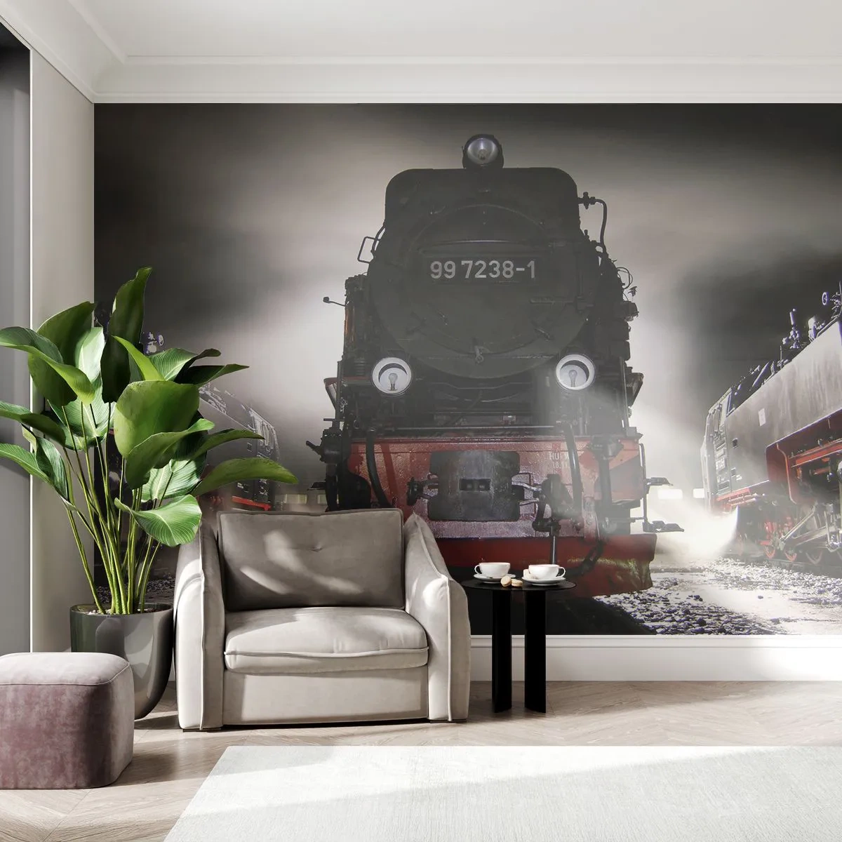 Samolepiaca Fototapeta Deluxe Sticker - Stojí a sápe, funí a fúka - Parná lokomotíva, Železničná stanica, Automobilový priemysel - 250x175 cm