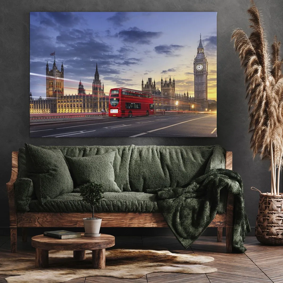 Obraz na plátne - Červený autobus s Big Benom a budovami parlamentu v pozadí za súmraku. - 70x50cm - Zvláštne znaky - Moderná nástenná dekorácia do obývacej izby a spálne ARTTOR