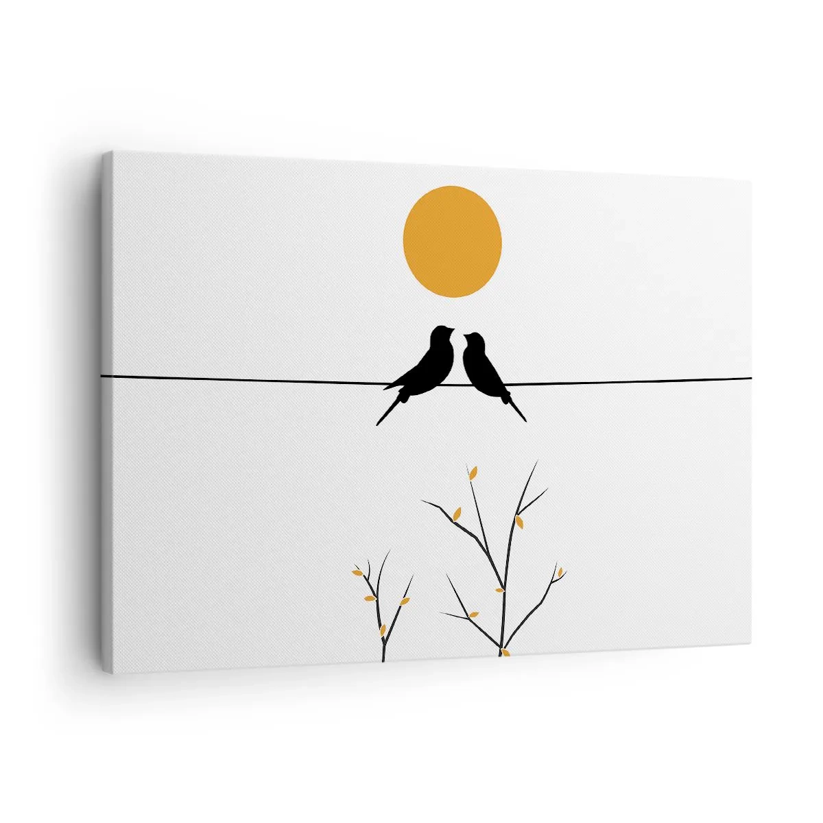 Obraz na plátne - Vtáky na čiare so žltým slnkom - 70x50cm - Slávičí večer - Moderná nástenná dekorácia do obývacej izby a spálne ARTTOR
