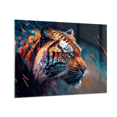 Obraz na skle - Portrét tigra v umeleckej explózii farieb - 70x50cm - Divoká krása - Moderná nástenná dekorácia do obývacej izby a spálne ARTTOR