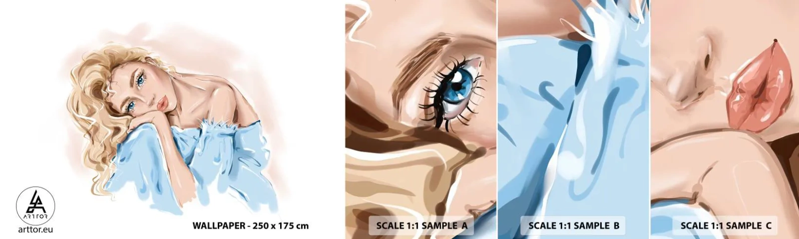 Vzorka Fototapeta Standard Eco - Zasnená v modrej - Žena, Móda, Grafika - 100x30 cm