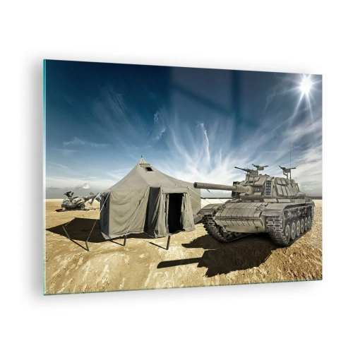 Obraz na skle - Tank a stan na púštnom pozadí pod modrou oblohou - 70x50cm - Militantný sen - Moderná nástenná dekorácia do obývacej izby a spálne ARTTOR
