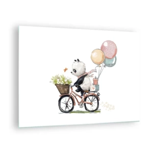 Obraz na skle - Panda jazdiaca na bicykli s balónmi a košíkom kvetov. - 70x50cm - Šťastný deň - Moderná nástenná dekorácia do obývacej izby a spálne ARTTOR