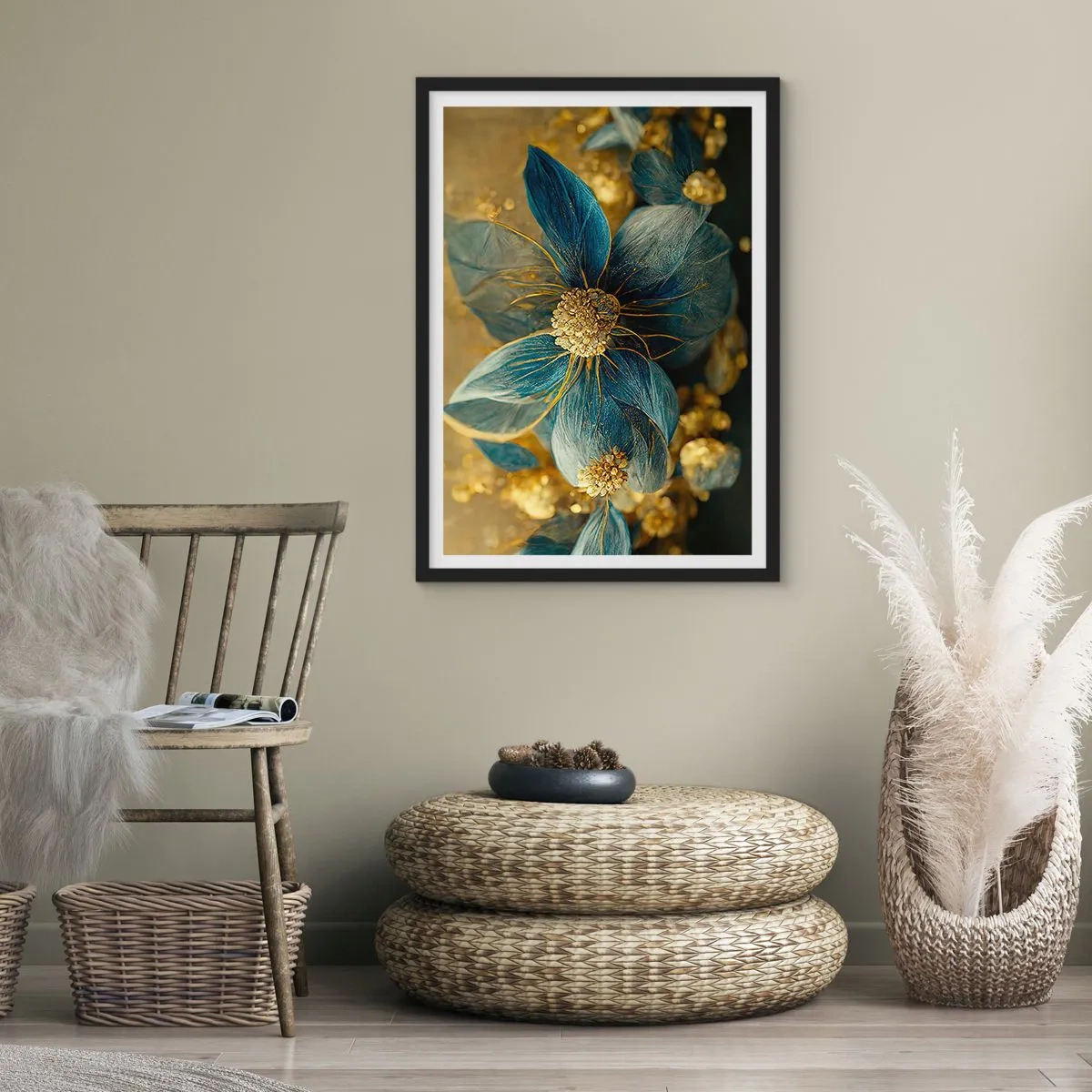 Plagát v čiernom ráme - Zlaté a tmavomodré kvety v elegantnej kompozícii - 50x70cm - Rozkvitnúť zlatom - Moderná nástenná dekorácia do obývacej izby a spálne ARTTOR