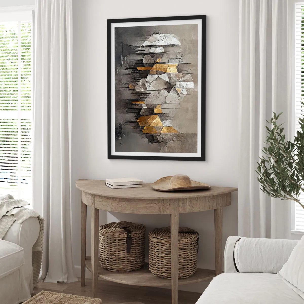 Plagát v čiernom ráme - Geometrická abstrakcia v odtieňoch sivej a zlatej - 50x70cm - Kompozícia z ľadu a svetla - Moderná nástenná dekorácia do obývacej izby a spálne ARTTOR