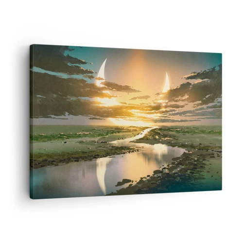 Obraz na plátne - Fantastická krajina s dvoma mesiacmi na obzore - 70x50cm - Niekde vo vzdialenej galaxii - Moderná nástenná dekorácia do obývacej izby a spálne ARTTOR