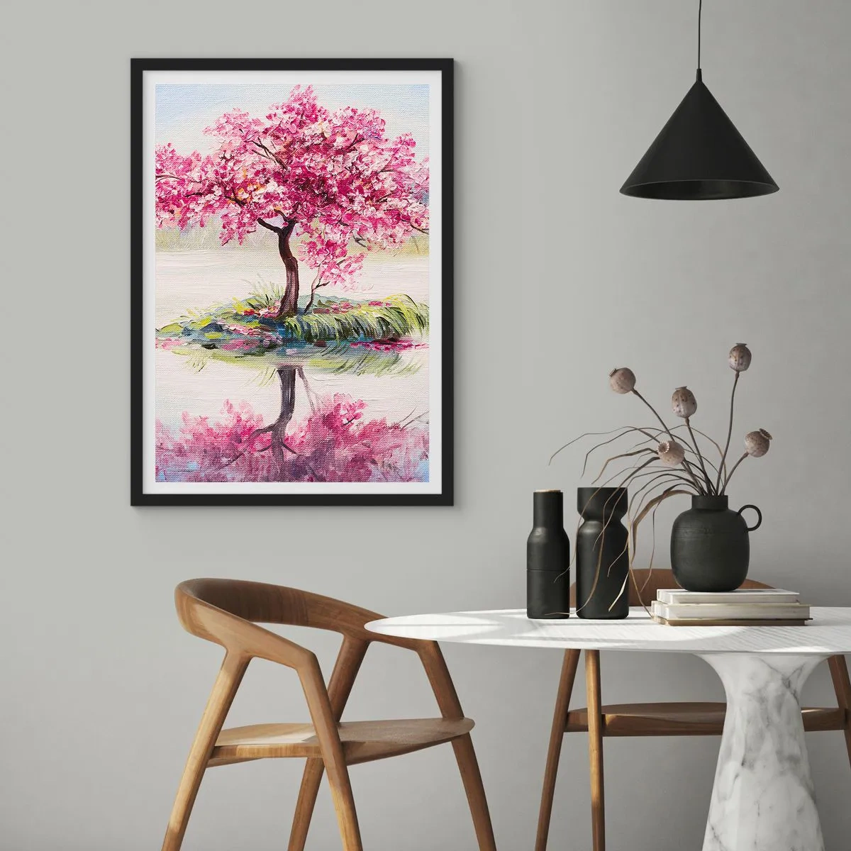 Plagát v čiernom ráme - Čerešňa pri pokojnom jazere - 50x70cm - Sviatok jari - Moderná nástenná dekorácia do obývacej izby a spálne ARTTOR