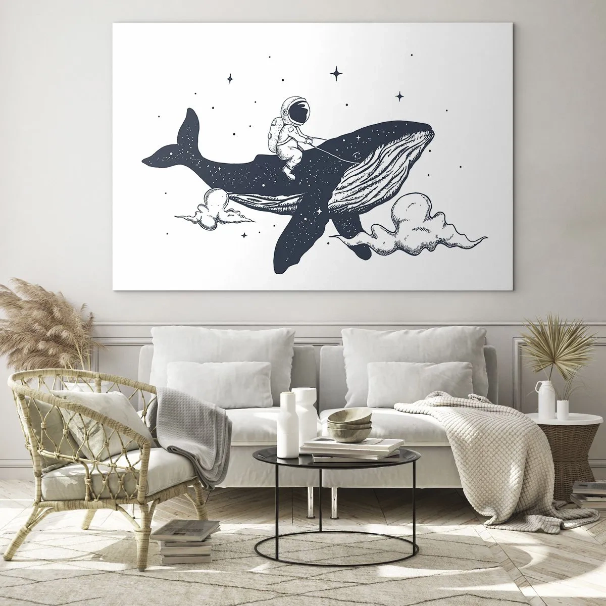 Obraz na skle - Astronaut jazdiaci na veľrybe medzi hviezdami a oblakmi - 70x50cm - Vesmírne dobrodružstvo - Moderná nástenná dekorácia do obývacej izby a spálne ARTTOR