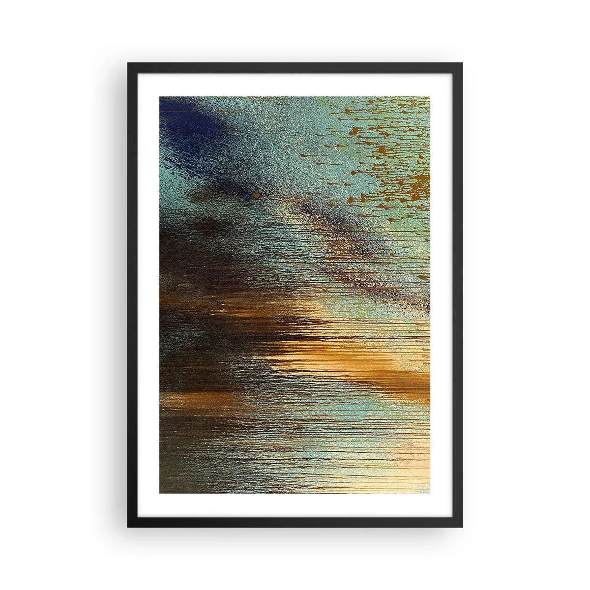 Plagát v čiernom ráme - Abstraktná kompozícia zlatých a modrých ťahov farby. - 50x70cm - Nenáhodná farebná kompozícia - Moderná nástenná dekorácia do obývacej izby a spálne ARTTOR