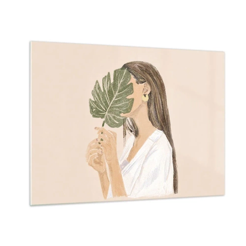 Obraz na skle - Žena s dlhými vlasmi drží list pred tvárou. - 70x50cm - Tajomný portrét s vejárom - Moderná nástenná dekorácia do obývacej izby a spálne ARTTOR