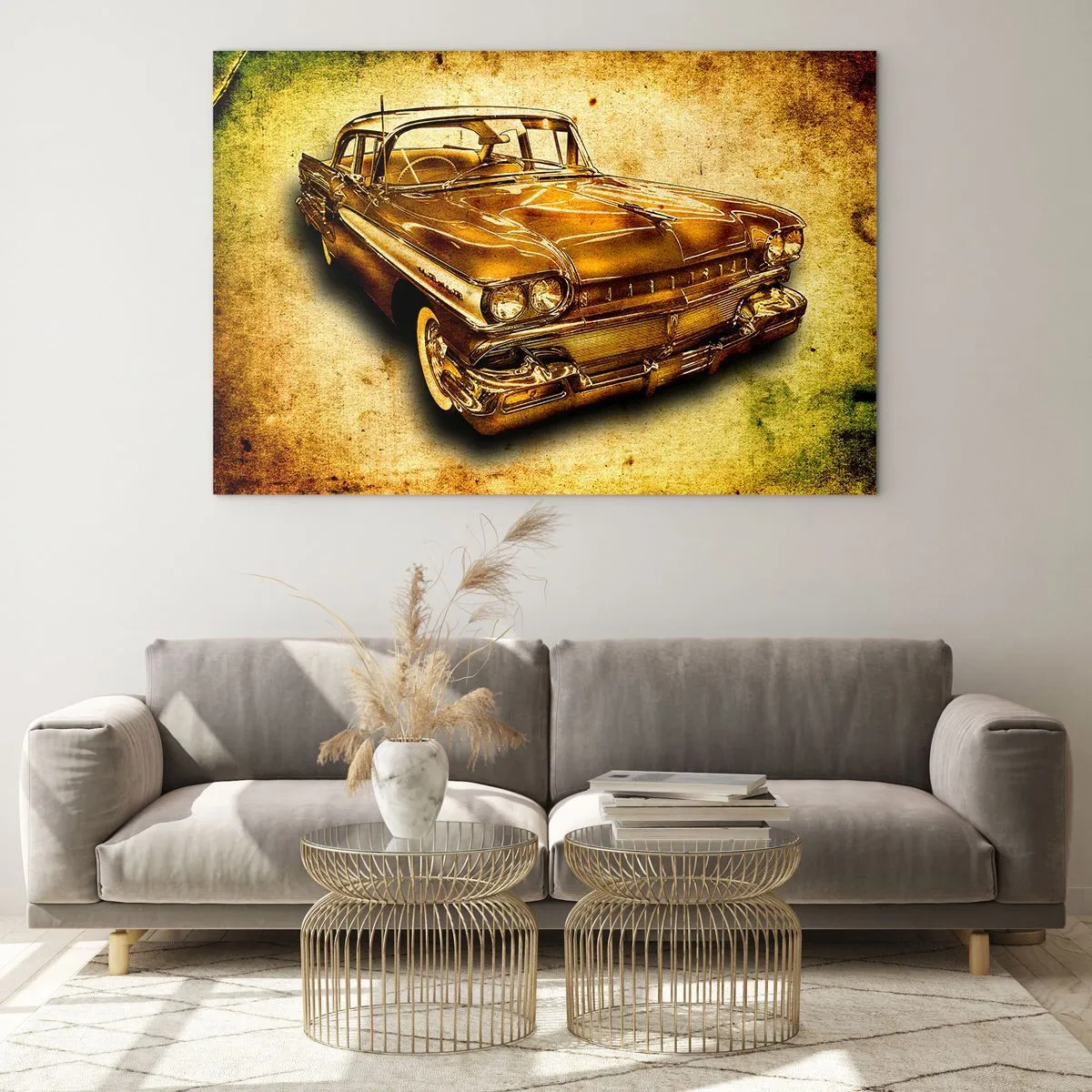 Obraz na skle - Veterán s vintage pozadím - 70x50cm - Nehynúca krása klasiky - Moderná nástenná dekorácia do obývacej izby a spálne ARTTOR