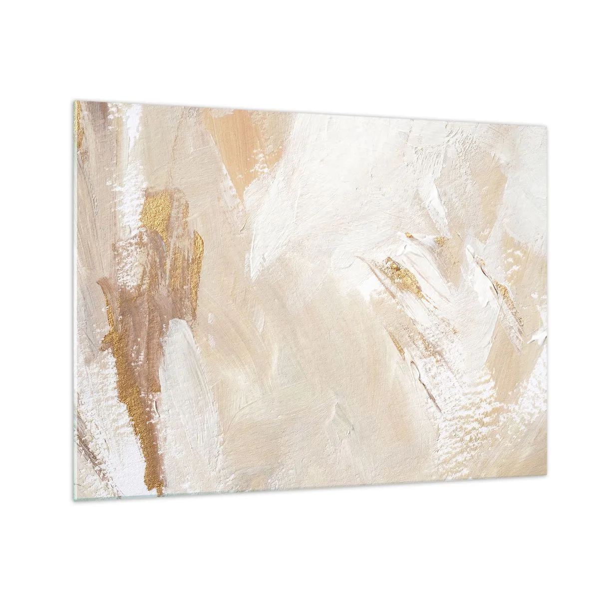 Obraz na skle - Béžová a biela abstrakcia so zlatými akcentmi - 70x50cm - Pastelová kompozícia - Moderná nástenná dekorácia do obývacej izby a spálne ARTTOR