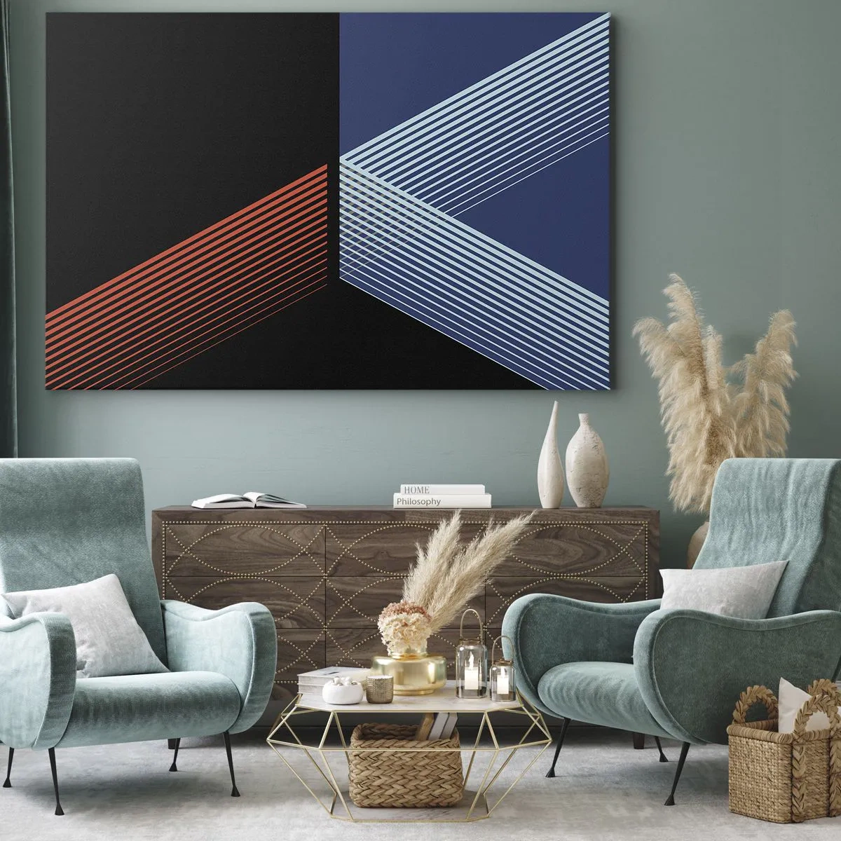 Obraz na plátne - Geometrické čiary v odtieňoch červenej a modrej - 70x50cm - Jednoduchý príbeh - Moderná nástenná dekorácia do obývacej izby a spálne ARTTOR
