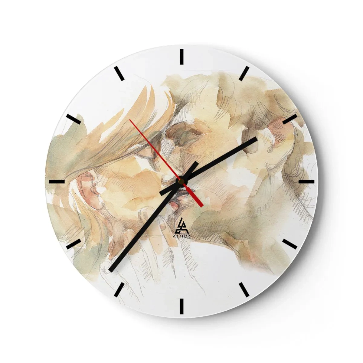 Nástenné hodiny - Pastelovo sfarbený akvarelový portrét bozkávajúceho sa páru - 30x30cm - Nájdená polovica? - Moderná nástenná dekorácia do obývacej izby, kuchyne a spálne ARTTOR