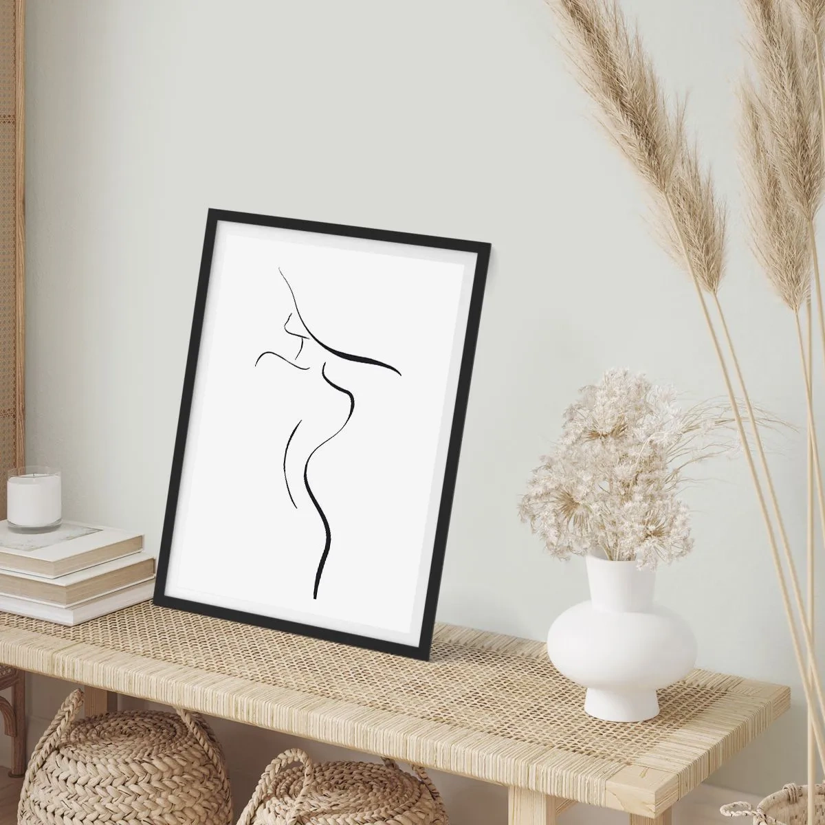 Plagát v čiernom ráme - Minimalistická silueta ženy nakreslená čiernou čiarou. - 50x70cm - Nepolapiteľná ako vlna - Moderná nástenná dekorácia do obývacej izby a spálne ARTTOR