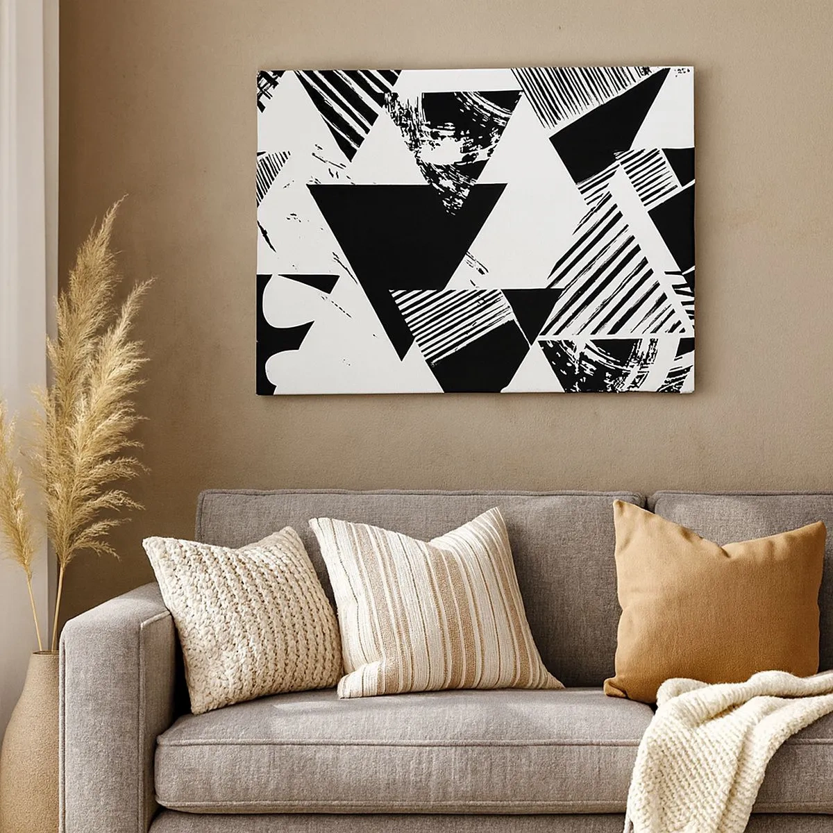 Obraz na plátne - Geometrické vzory v čiernobielej minimalistickej podobe - 70x50cm - Dážď trojuholníkov - Moderná nástenná dekorácia do obývacej izby a spálne ARTTOR