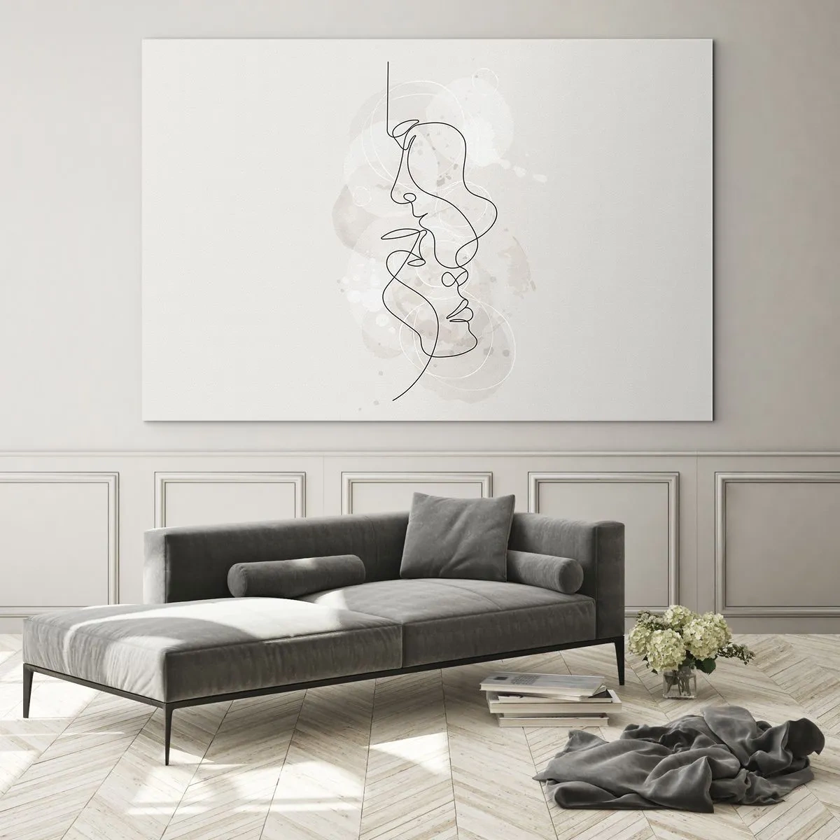 Obraz na skle - Minimalistická kresba tvárí dvoch ľudí v jemnom, zmyselnom objatí. - 70x50cm - Zamotaní v objatí - Moderná nástenná dekorácia do obývacej izby a spálne ARTTOR