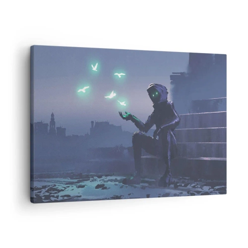 Obraz na plátne - Postava s kapucňou a magickými vtákmi na pozadí mesta - 70x50cm - Život sa vráti - Moderná nástenná dekorácia do obývacej izby a spálne ARTTOR