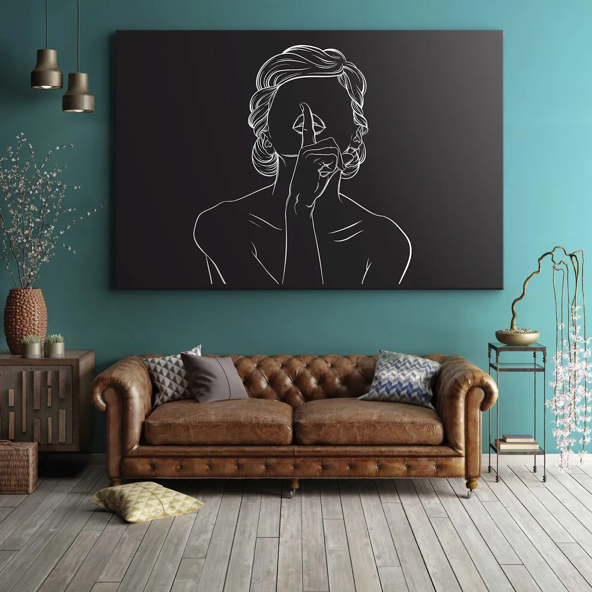 Obraz na plátne - Minimalistická silueta ženy na čiernom pozadí - 70x50cm - Krása rozkvitá v tichu - Moderná nástenná dekorácia do obývacej izby a spálne ARTTOR