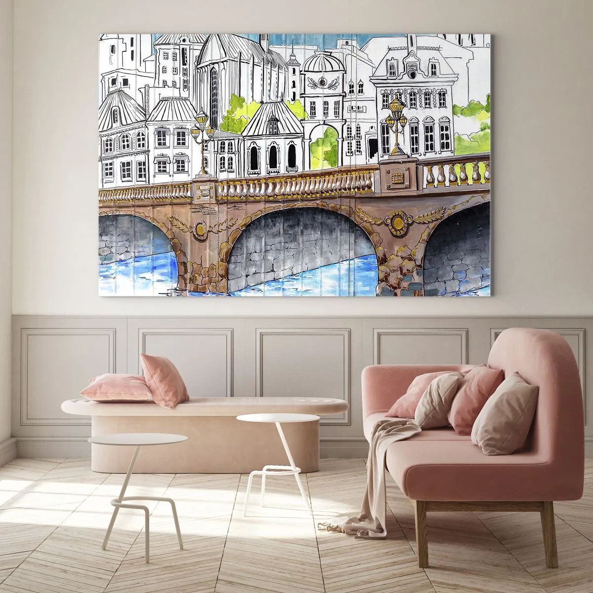 Obraz na skle - Most a mestská architektúra vo forme akvarelovej skice - 70x50cm - Mesto ako maľované - Moderná nástenná dekorácia do obývacej izby a spálne ARTTOR