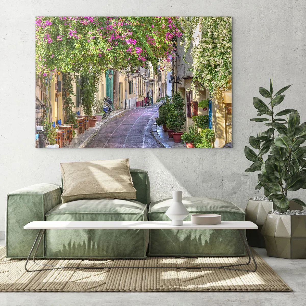 Obraz na skle - Očarujúca ulica s kvitnúcimi stromami - 70x50cm - Kvitnúce zákutie - Moderná nástenná dekorácia do obývacej izby a spálne ARTTOR
