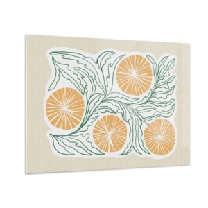 Obraz na skle - Oranžové ovocie a zelené listy v grafickej kompozícii - 70x50cm - Etnicky s abstraktným nádychom - Moderná nástenná dekorácia do obývacej izby a spálne ARTTOR