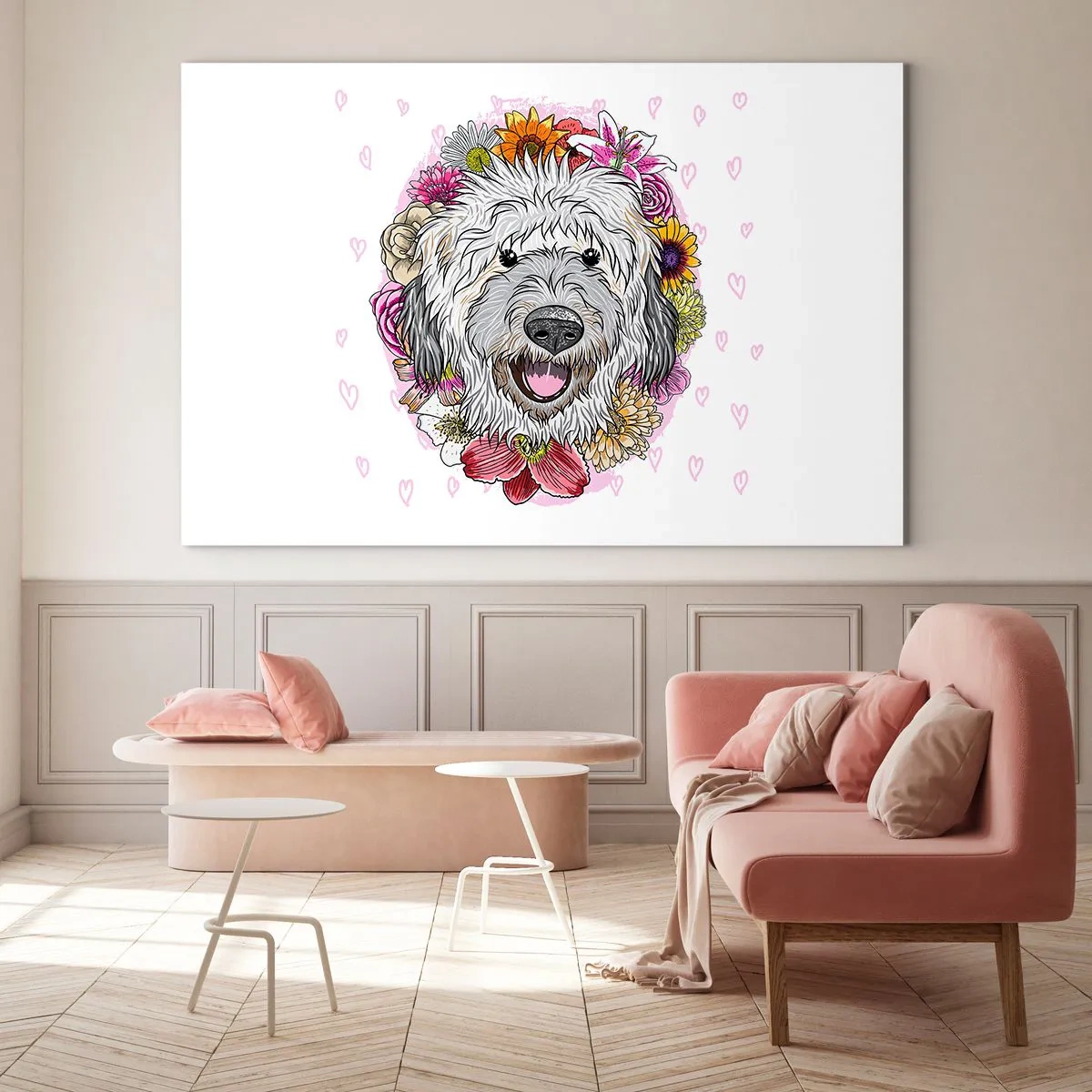 Obraz na skle - Ilustrácia psa obklopeného kvetmi - 70x50cm - Šteňacia radosť - Moderná nástenná dekorácia do obývacej izby a spálne ARTTOR