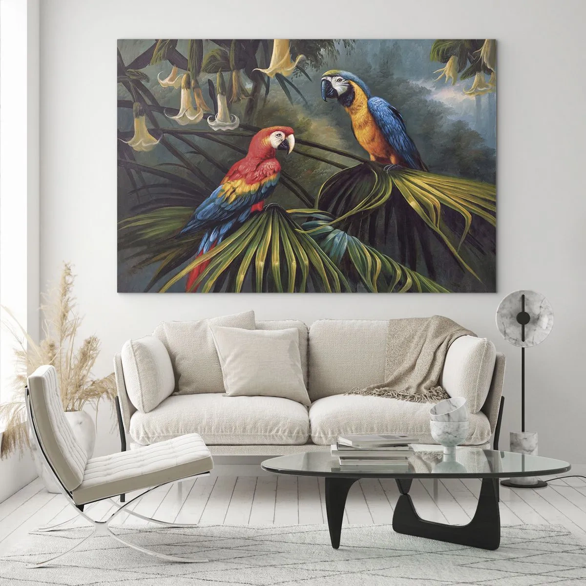 Obraz na skle - Dva farebné papagáje na pozadí tropickej džungle - 70x50cm - Romantizmus v trópoch - Moderná nástenná dekorácia do obývacej izby a spálne ARTTOR