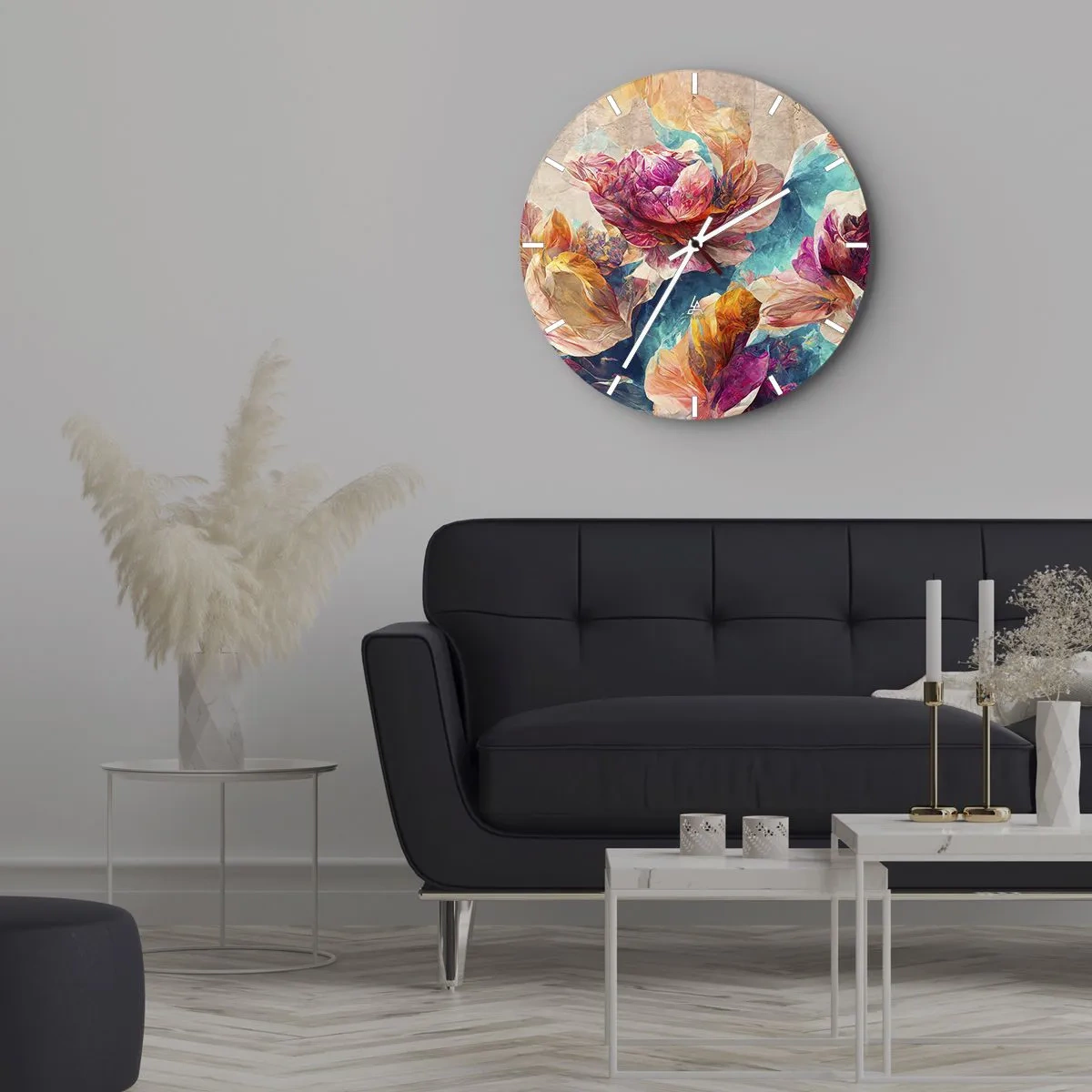 Nástenné hodiny - Farebná kytica na tyrkysovom pozadí - 30x30cm - Farebné bohatstvo kytice - Moderná nástenná dekorácia do obývacej izby, kuchyne a spálne ARTTOR