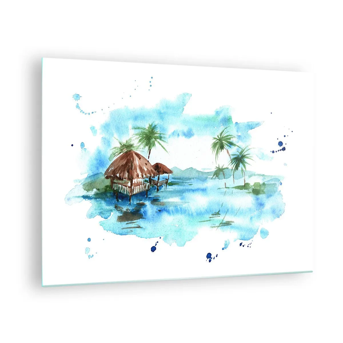 Obraz na skle - Tropická scenéria s palmami a chatou v akvarelovom štýle - 70x50cm - Niekde v Pacifiku - Moderná nástenná dekorácia do obývacej izby a spálne ARTTOR