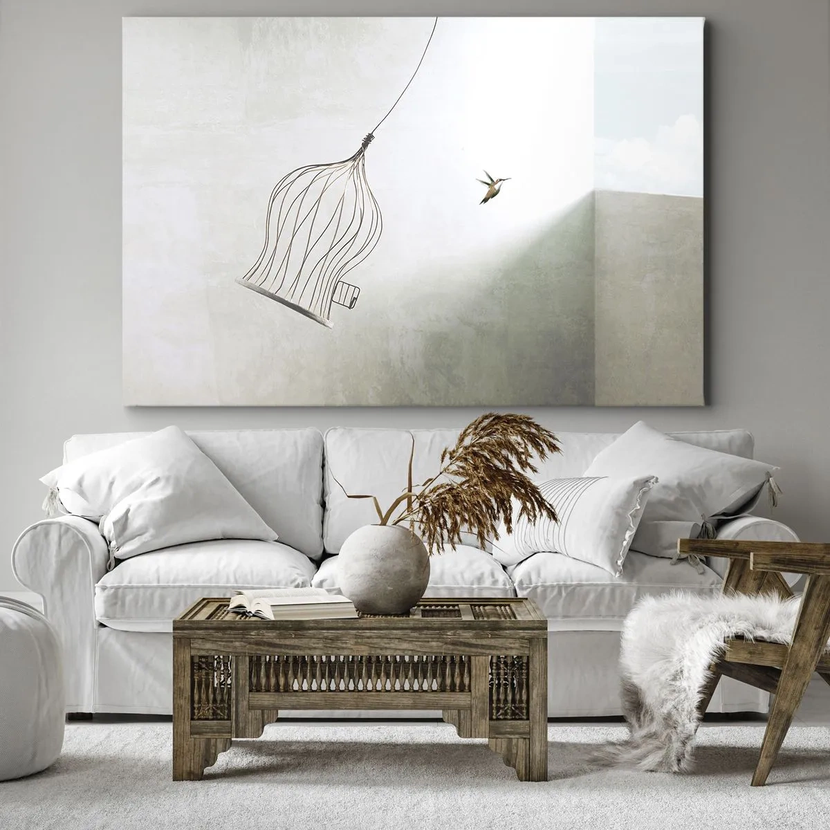 Obraz na plátne - Vták vypustený z klietky na pozadí jasnej oblohy - 70x50cm - Vo svojom živle - Moderná nástenná dekorácia do obývacej izby a spálne ARTTOR