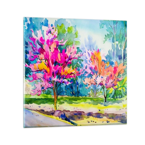 Obraz na skle - Dúhová záhrada v jarnom lesku - 40x40 cm