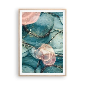 Plagát v ráme zo svetlého duba - Modré hodváb modré, ružový tyl - 70x100 cm