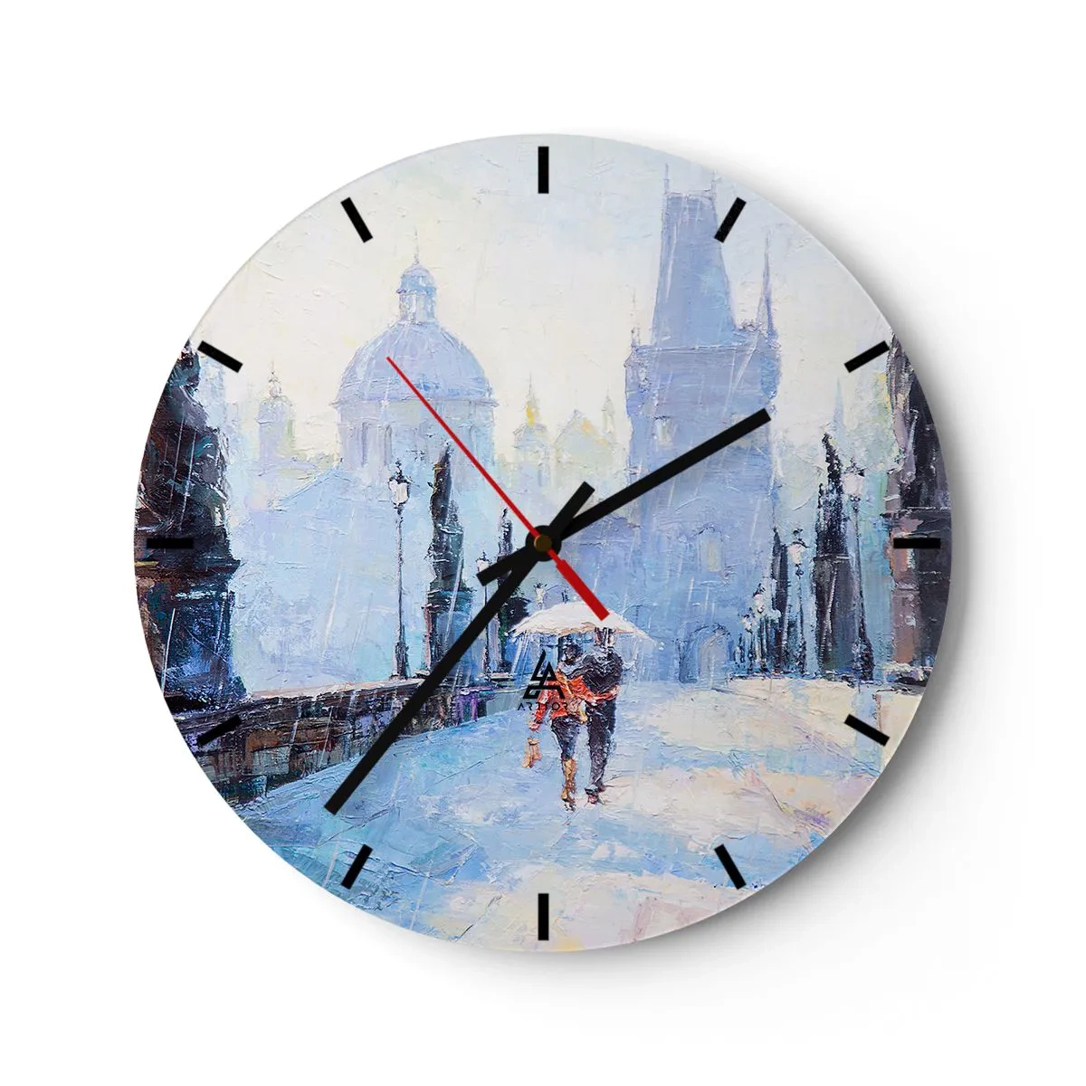 Nástenné hodiny - Romantická scéna na moste v daždi s malebným mestským pozadím - 30x30cm - Nás musel očariť dážď - Moderná nástenná dekorácia do obývacej izby, kuchyne a spálne ARTTOR