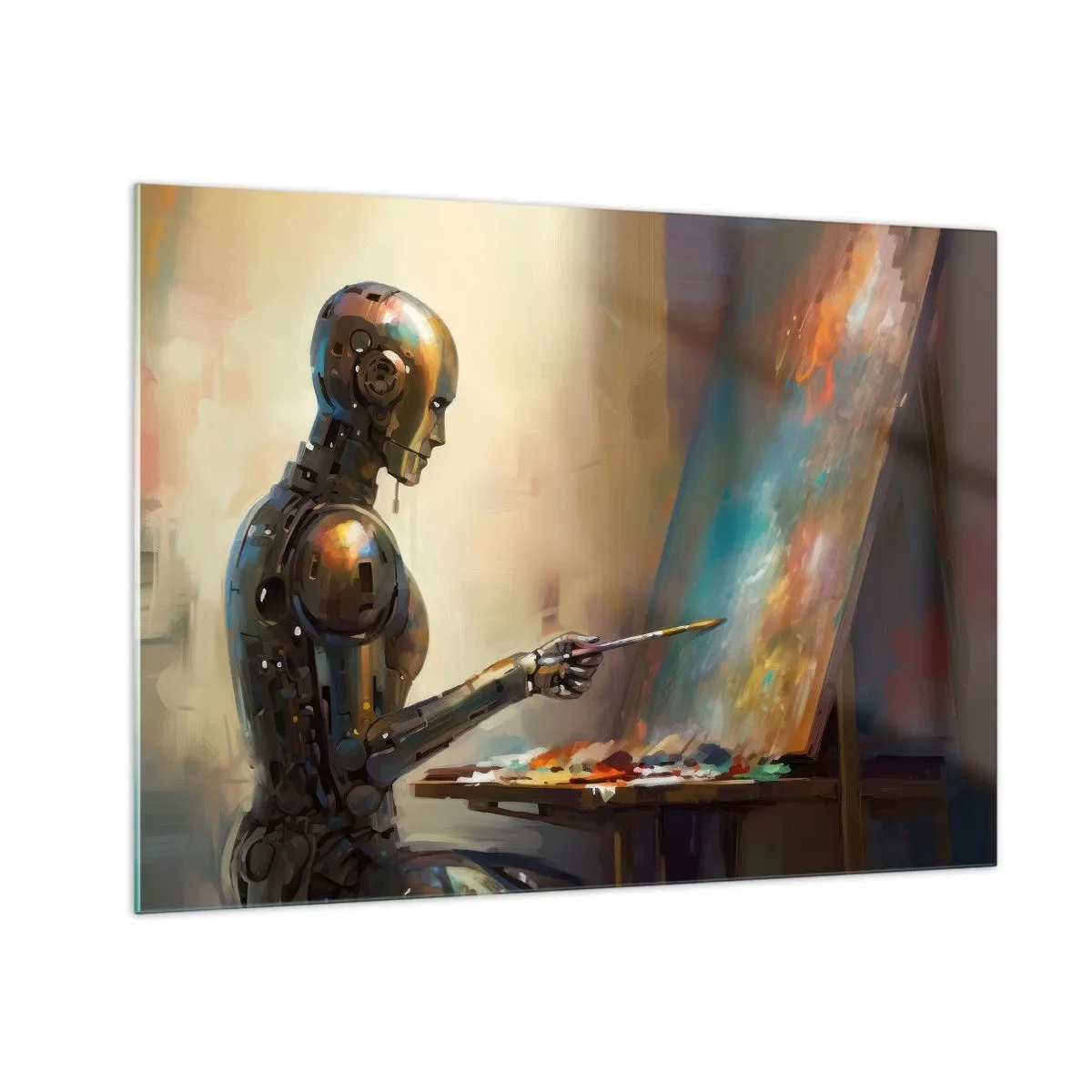 Obraz na skle - Robot maľuje obraz na stojane - 70x50cm - Umenie budúcnosti - Moderná nástenná dekorácia do obývacej izby a spálne ARTTOR