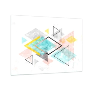 Obraz na skle - Farebné geometrické tvary na bielom pozadí v abstraktnom štýle - 70x50cm - Geometrická hračka - Moderná nástenná dekorácia do obývacej izby a spálne ARTTOR