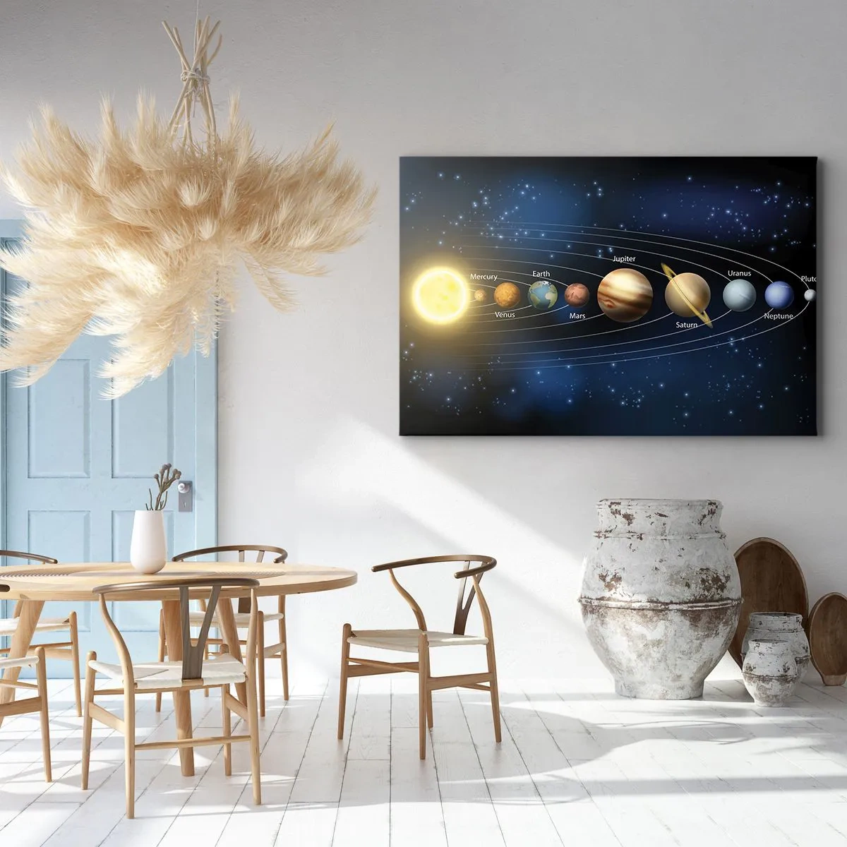 Obraz na plátne - Schéma slnečnej sústavy s planétami a slnkom - 70x50cm - Jedna z desiatich - Moderná nástenná dekorácia do obývacej izby a spálne ARTTOR